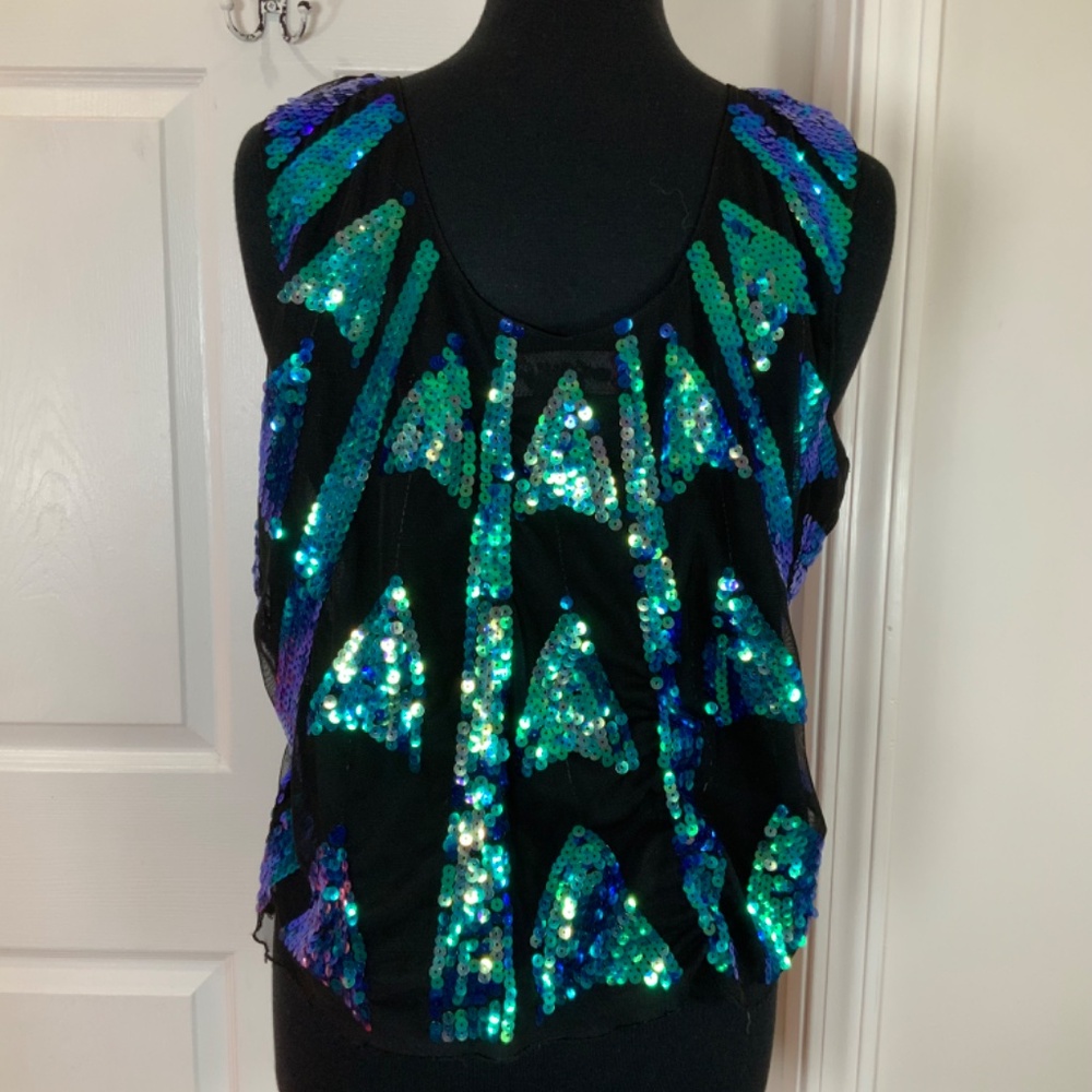 Peacock Sequins Blue Green Sleeveless Party Evening Tank Size 2X - Picture 3 of 5